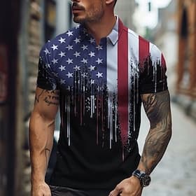 4th of July 2026 250th Men's American Flag Veterans Polo Shirts Golf Shirt Short Sleeve Polo Shirts Collared Shirts Casual Vacation Wear Party Outfits 3D Print