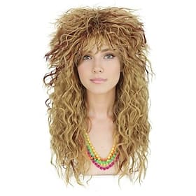 Womens 70s 80s Wig Curly Wigs for 70s 80s Costume Women Long Blonde Mixed Brown Curly Wavy Wig Mullet Rocker Wig Without Accessories  (Only Wigs) CJ031M Hallow