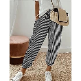 Women's Pants Trousers Casual Daily Ankle-Length Striped Drawstring Side Pockets Breathability Comfortable Inelastic Weekend Black Spring Summer Regular Fit