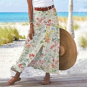 Jupes maxi décontractées effet lin pour femmes, taille haute, imprimé floral, fentes, bleu clair, rose pâle, jaune, rose d'été