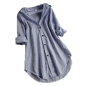 Women's Shirt Cotton Blend Button Up Blouse Buttons Print Striped Casual Long Sleeve Shirt Collar Long Tops Daily Blue Black Pink Red Navy Blue Spring Fall S
