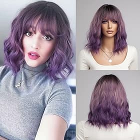 gris vert rose blonde violet perruque pour femmes ombre violet bob perruque mardi gras perruques courtes bouclés ondulés noir à violet perruque avec frange syn
