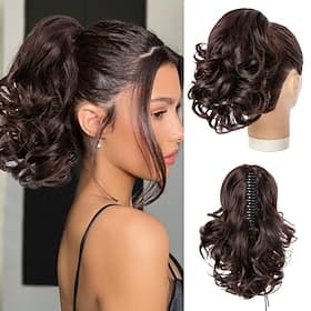 Ponytail Extensions 10 inch Short Claw Clip on Ponytail Extensions Synthetic Curly Wavy Pony Tails Hairpieces for Women Daily