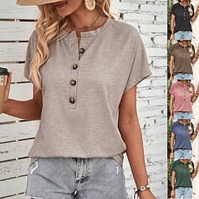 Women's T Shirt Buttons Plain Fashion Short Sleeve Round Neck Regular Tops Daily Weekend Blue Pink Brown Khaki Summer