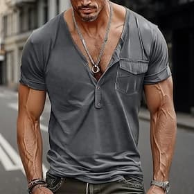 Homme T-shirt Chemise à manches courtes Manche Courte Col en V Printemps Été Uni Mode Designer Basique Avec Poches Vacances Rue Sortir Noir Blanche Bleu T-shi