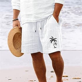 Men's Summer Shorts Beach Shorts Casual Shorts Pocket Drawstring Elastic Waist Coconut Tree Comfort Breathable Short Holiday Vacation Beach Hawaiian Boho White
