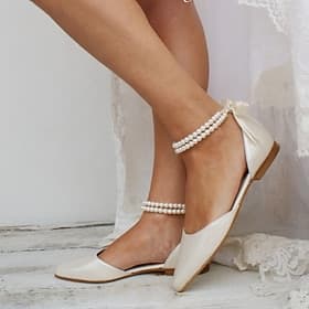 Women's White Pearl Ankle Strap Flats – Elegant Bridal Shoes for Weddings and Special Occasions