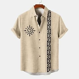 Men's Linen Shirt Button Up Shirt Retro Shirts Vintage Shirt Ethnic Shirt Vacation Daily Wear Yellow Green khaki Beige Short Sleeve Collared Shirts Summer Spri