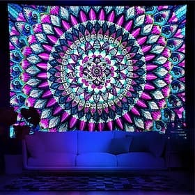 Blacklight Tapestry UV Reactive Glow in the Dark Glow Party Neon Mandala Bohemian Psychedelic Trippy Misty Hanging Tapestry Wall Art Mural for Living Room Bedr