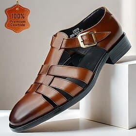 Men's Brown Premium Cowhide Leather Sandals – Open-Toe Gladiator Style with Buckle Closure, Comfortable and Breathable Casual Shoes for Summer