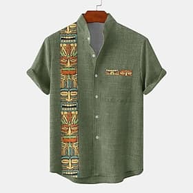 Men's Shirt Button Up Shirt Short Sleeve Vintage Casual Tribal Vacation Daily Summer Spring Band Collar grandad collar Print Dark Green Green Khaki