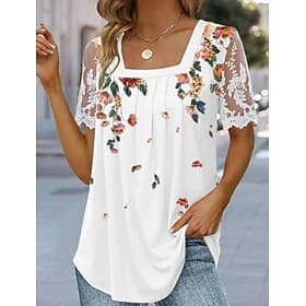 Women's T Shirt Mesh Patchwork Top Lace T-shirt Lace Print Floral Basic Short Sleeve Square Neck Regular Tops Holiday Weekend Blue White Pink Purple Green