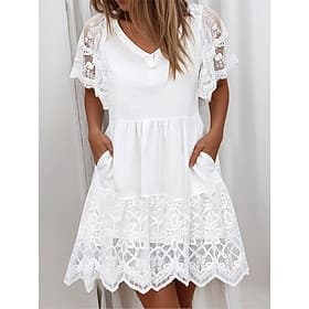 Sommerkleid für Damen, V-Ausschnitt, kurze Ärmel, Spitzendetail, hohe Taille, ausgestellter Rock, lässig, elegant, Party, weiß, Baumwolle, bequeme Passform, me