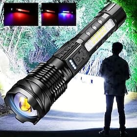 Super Bright Rechargeable Flashlight, LED Powerful Torch Zoomable Outdoor Adventures Flashlight White Laser Waterproof Outdoor Lighting Emergency Work Light Ru