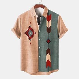 Men's Shirt Linen Shirt Retro Shirts Vintage Shirt Ethnic Shirt Tribal Daily Pink Blue khaki Short Sleeve Turndown Summer Spring Clothing Apparel