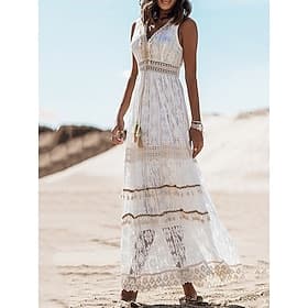 Femmes Robe Longue Maxi Robe Robe maxi Robe bohème Robe en Dentelle Robe Blanche Robes Bohème Chic Bohème Plage Vacances Mariage Coupe régulière Sans manches C