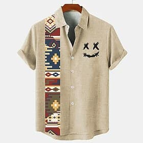 Homme Chemise Lin chemises rétro Chemise Vintage Chemise ethnique Visage souriant Extérieur Casual Bleu Marron Vert Manche Courte Mao Eté Printemps Vêtement Te