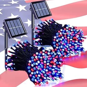 1 PC Patriotic Outdoor Solar String Lights, 22FT~98FT Red White Blue for 4th of July Independence Day 250th Anniversary Memorial Day, Holiday Garden Waterproof