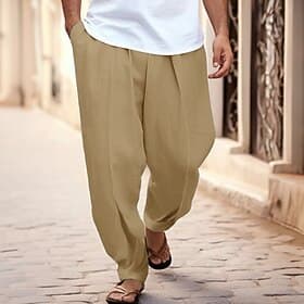 Homens Calças Calça verão Calças Cenoura Afiladas Calças de praia Bolso frontal Pregas Tecido Conforto Respirável Casual Diário Feriado Moda Básico Preto Branc