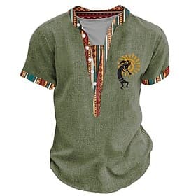 Kokopelli Spiral Design Tribal Bandana Print Designer Ethnic Men's 3D Print Tee Henley Shirt Casual Daily Holiday T shirt Green Khaki Short Sleeve Henley Shirt