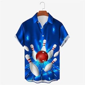 Men's Graphic Prints Bowling Ball Shirt Short Sleeves Shirt Turndown Outdoor Street White  Green Black Yellow Red Blue Print Button-Down Clothing Apparel Desig