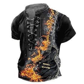 Men's Gothic Horror Rock Guitar T shirt Tee Short Sleeve T shirt 3D Print Lace Up Neck Shirt Casual Daily Black Spring  Summer Clothing Apparel S M L XL XXL 3X