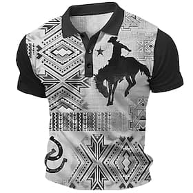 Men's Western Wear Waffle Polo Shirts Golf Shirt Short Sleeve Polo Shirts Collared Shirts Vintage Casual Vacation Wear Party Outfits 3D Print Buttons Summer Sp