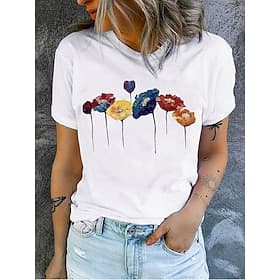Women's 100% Cotton T Shirt Print Floral Poppy Casual Short Sleeve Crew Neck Regular Tops Daily White Summer