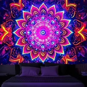 Mandala Bohemian Blacklight Tapestry UV Reactive Glow in the Dark Trippy Zen Meditation Misty Nature Hanging Tapestry Wall Art Mural for Living Room Bedroom