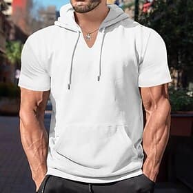 Men's Hoodie Tee Top Short Sleeve V Neck Summer Color Block Fashion Designer Comfortable Hooded Casual Daily Outdoor White Top Tee for Men