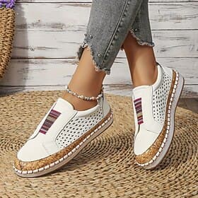 Women's White Slip-On Casual Shoes – Breathable Faux Leather Sneakers with Cork Trim and Elastic Band for Walking, Travel, and Daily Wear