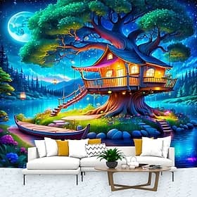 Fantasy Magic Tree House Hanging Tapestry Wall Art Large Tapestry Mural Decor Photograph Backdrop Blanket Curtain Home Bedroom Living Room Decoration