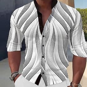 Men's Geometric Pattern Shirt Button Up Shirt Long Sleeve Casual Daily Holiday Summer Spring   Fall Standing Collar Buttons Print White