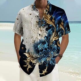 Men's Pattern Beach Shirt Button Up Shirt Short Sleeve Hawaiian Casual Vacation Daily Summer Spring Turndown Collared Shirts Button Up 3D Print Light Blue Blac