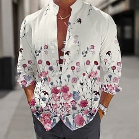 Herren Blumen Hemd Knopfhemd Langarm Lässig Strand Täglich Strandbekleidung Sommer Frühling Herbst Mandarinkragen Stehkragen Knopf hoch 3D-Druck Rosa Blau Beig