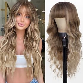 Ombre Blonde Wig with Bangs Long Blonde Wavy Wigs for Women Synthetic Curly Wavy Wigs with Dark Root Middle Part Heat Resistant Wig for Daily Party Wear Hallow