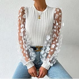Damen Bluse Chiffon stilvoll modern einfarbig Mesh Patchwork Laternenärmel Langarm Rundhalsausschnitt Arbeit schwarz weiß blau Sommer Frühling Herbst