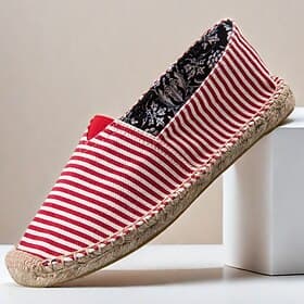 Men's Nautical Red and White Striped Espadrilles: Breathable Cotton Slip-On Shoes for Beach and Casual Summer Outings