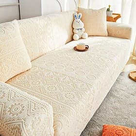 Bohemian Geometric Jacquard Chair Sofa Slipcover Stretch Sofa Cover Plush Fleece Armchair Covers Anti-Slip Furniture Protector for Kids