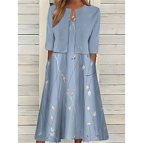 Damen Midi-Kleid Zwei-Teile Kleider-Set Freizeitkleid Druckkleid Outdoor Täglich Mode Elegant Taschen Druck Rundhals Halbarm Floral Regular Fit Pink Blau Himme