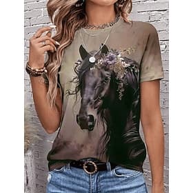 t-shirt femme décontracté imprimé cheval ombré à manches courtes hauts réguliers col rond quotidien marron clair été