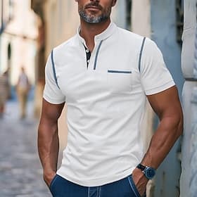 Herren Henley Hemd T-Shirt Kurze Ärmel Einfach Mode Designer Basic Tasche Stehkragen Henley Urlaub Straße Ausgehen Sommer Dunkelgrau Meerblau Weiß Henley T-Shi