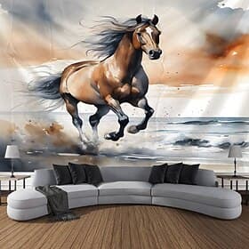 Animal Horse Beach Hanging Tapestry Wall Art Large Tapestry Mural Decor Photograph Backdrop Blanket Curtain Home Bedroom Living Room Decoration