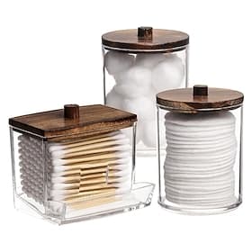 3PCS Cotton Swab Holder Set with Vanity Tray - Clear Apothecary Jar, Qtip/Ball/Pad Storage, Bathroom Containers Dispenser