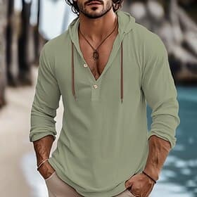 Herren Hemd leinenhemd Sommerhemd Strandbekleidung Glatt Urlaub Curise Weiß Blau Braun Grün Langarm Mit Kapuze Frühling Sommer Bekleidung