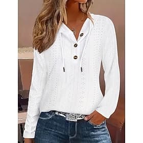 Women's Eyelet Top Texture Sweatshirt Pointelle Hoodie Buttons Elegant Casual Long Sleeve Hooded Regular Tops Casual White Spring Fall