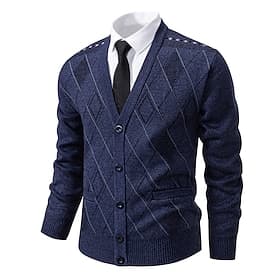 Men's Cardigan Sweater Cropped  Sweater Knit Sweater Mens Dress Sweaters Ribbed Knit Regular Tops Button Up Side Pockets Argyle V Neck Fashion Classic Vacation