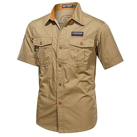 Herren Hemd Arbeitshemden Freizeithemd Arbeitshemd Knopfhemd Cargohemd Kaki Armeegrün Dunkelblau Kurzarm Einfach Revers Urlaub Hawaiianisch Fronttasche Bekleid