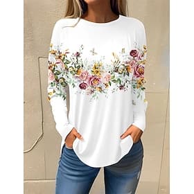Women's T shirt Long Sleeve Basic Floral Print Long Sleeve Regular Tops Round Neck Holiday Weekend White Pink Red Navy Blue Blue Fall  Winter Prefall