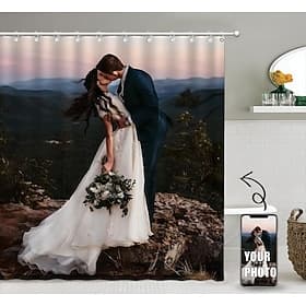 Personalized Photo Shower Curtain with 12 Hooks- Custom Wedding Gift for Couple Wedding Gift Bathroom Decor Fabric Waterproof Washable Upload Your Image Photo